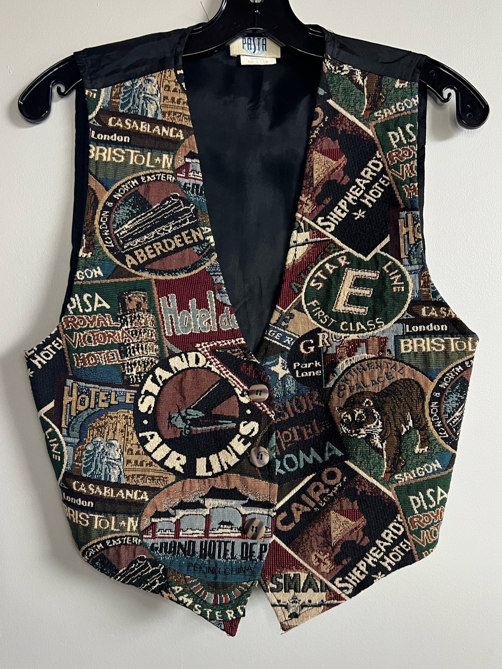 Pasta Vintage Tapestry Travel Print Button Front Vest Women’s Small